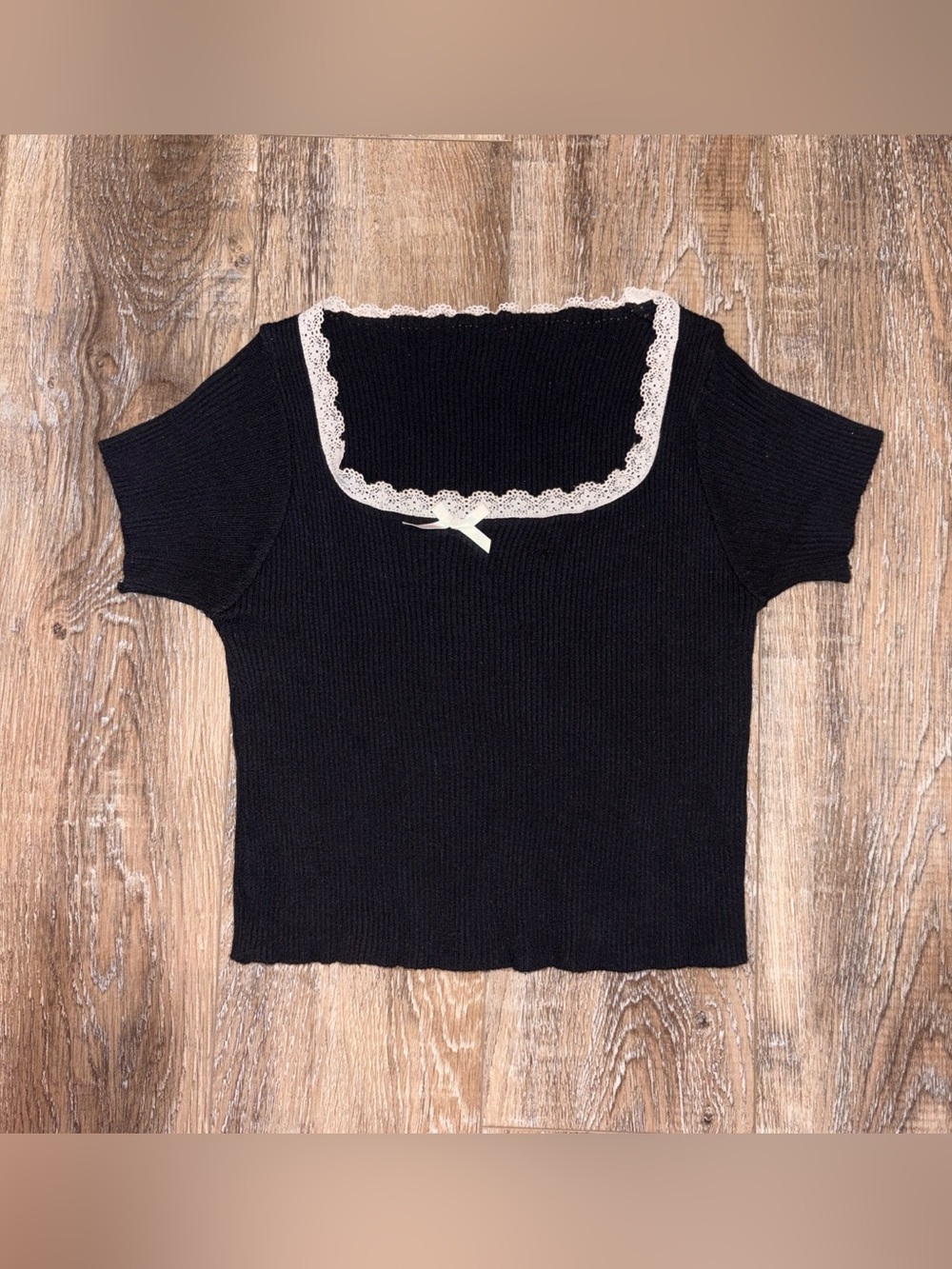 Black Square Neck Knit Top with White Lace Trim